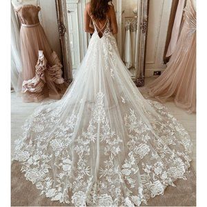 BM Bridal Lace Wedding Dress Overskirt Tulle Bridal Gown